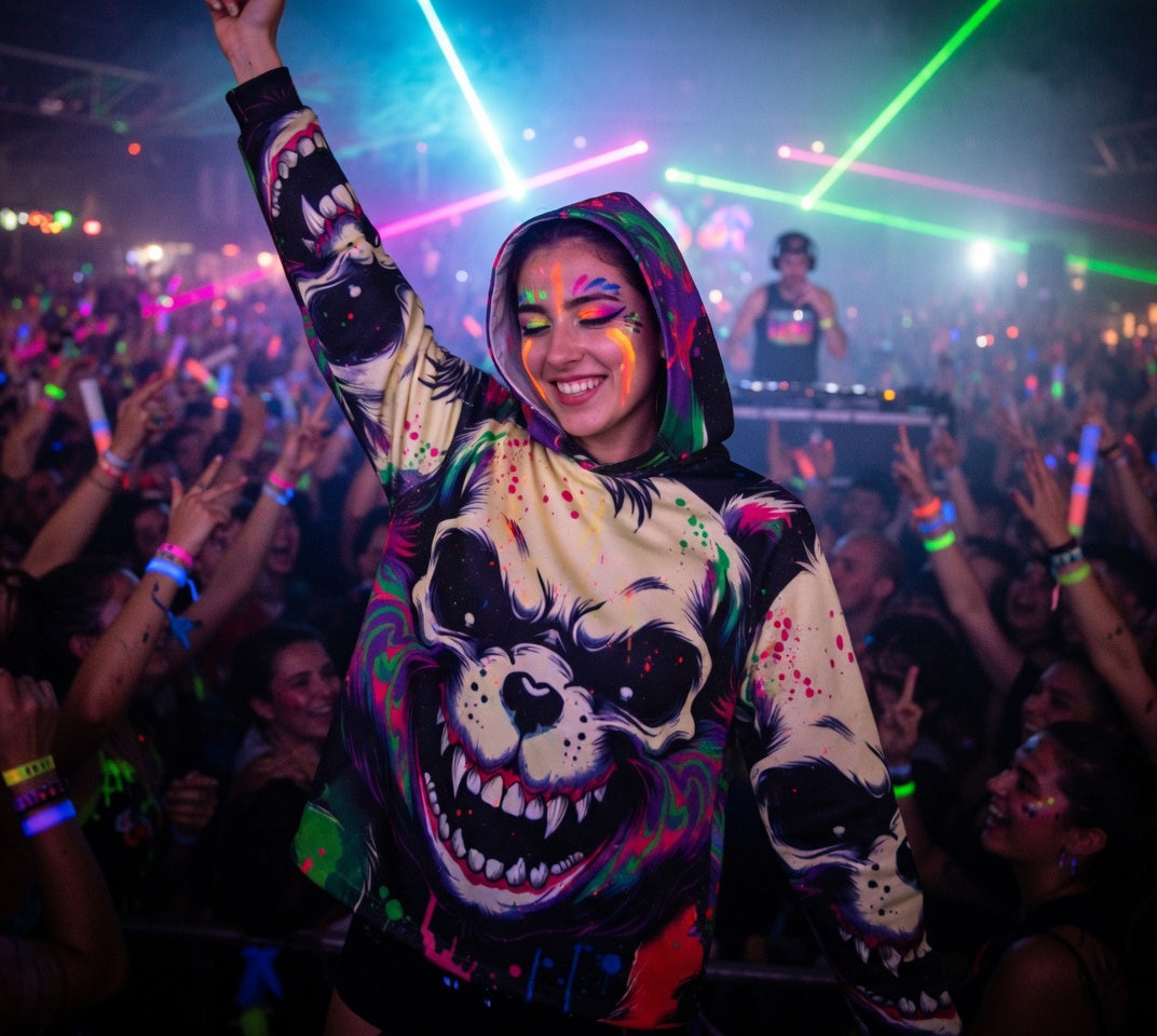 A young hispanic girl partying at a rave looking cozy and warm in the Vibrant Beast Sweatshirt by ShroomChic Creations