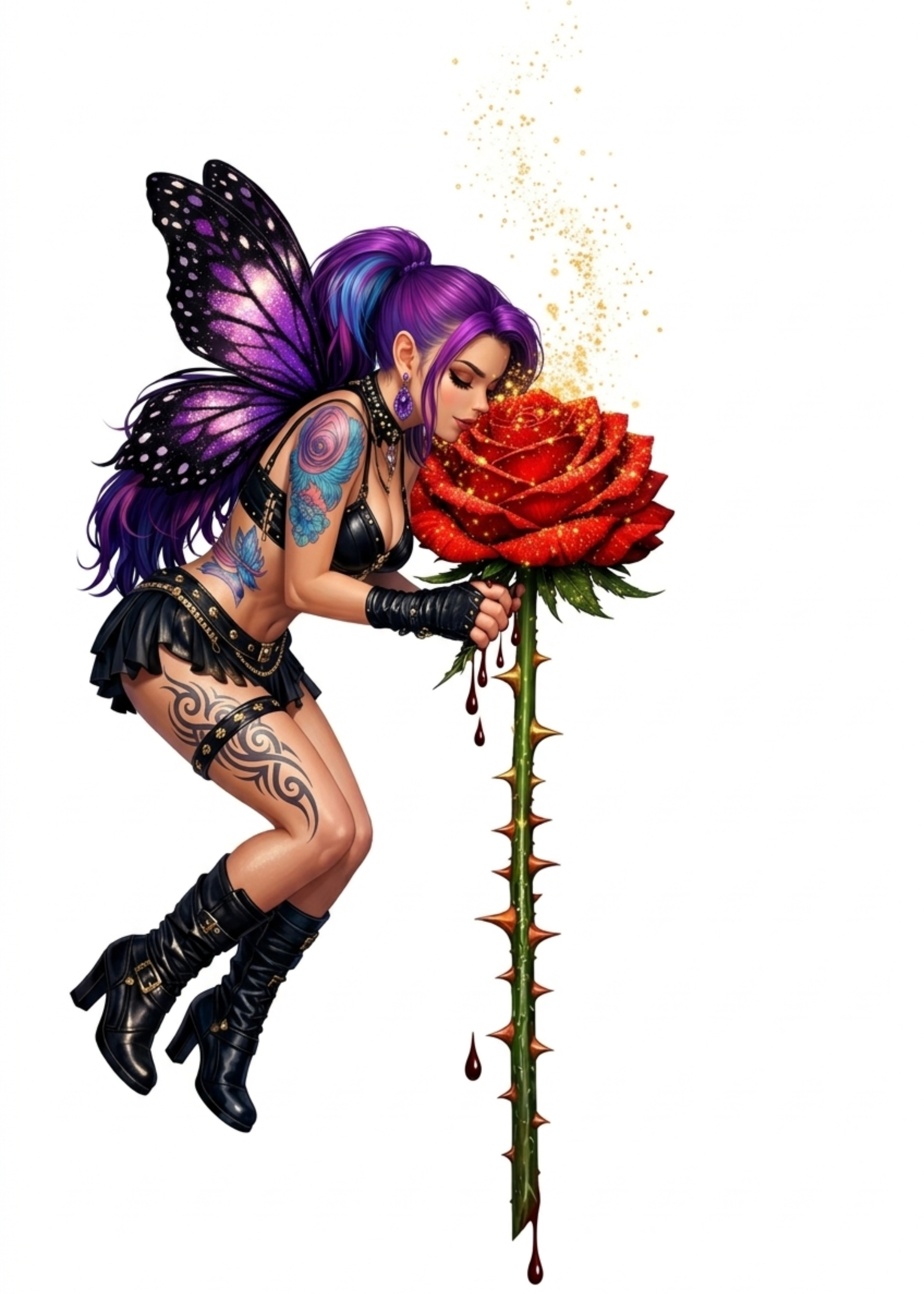 A Black and Purple Gothic Fantasy Fairy smelling a large red rose in pure joy. She is holding onto the rose's thorned stem and blood drips from her hands, still she smiles.